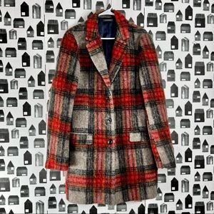 Scotch & Soda Red & Grey Plaid Wool Blend Pea Coat